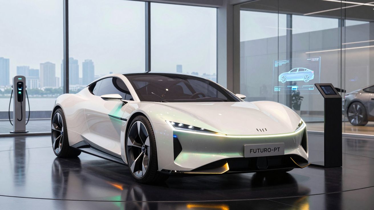 Carro elétrico desportivo branco em exposição num showroom moderno com janelas grandes e posto de carregamento.