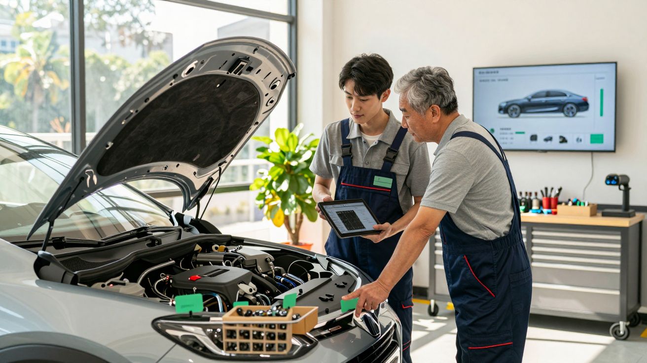 Dois mecânicos a analisar o motor de um carro aberto numa oficina moderna com tablet e ecrã digital.