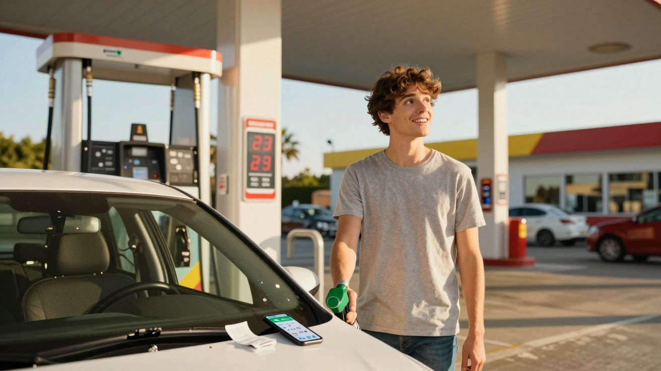 Jovem a abastecer carro numa bomba de gasolina, com smartphone e talão sobre o capot do veículo.