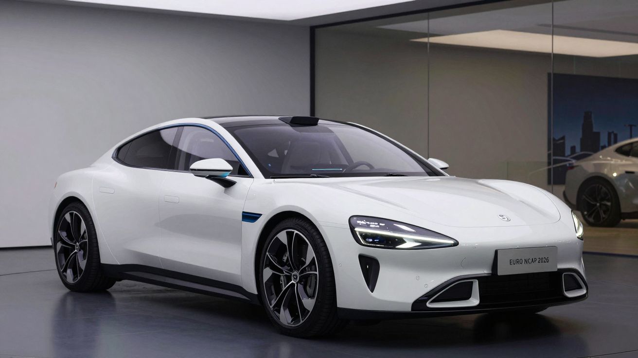 Carro desportivo elétrico branco estacionado em espaço moderno com parede espelhada.