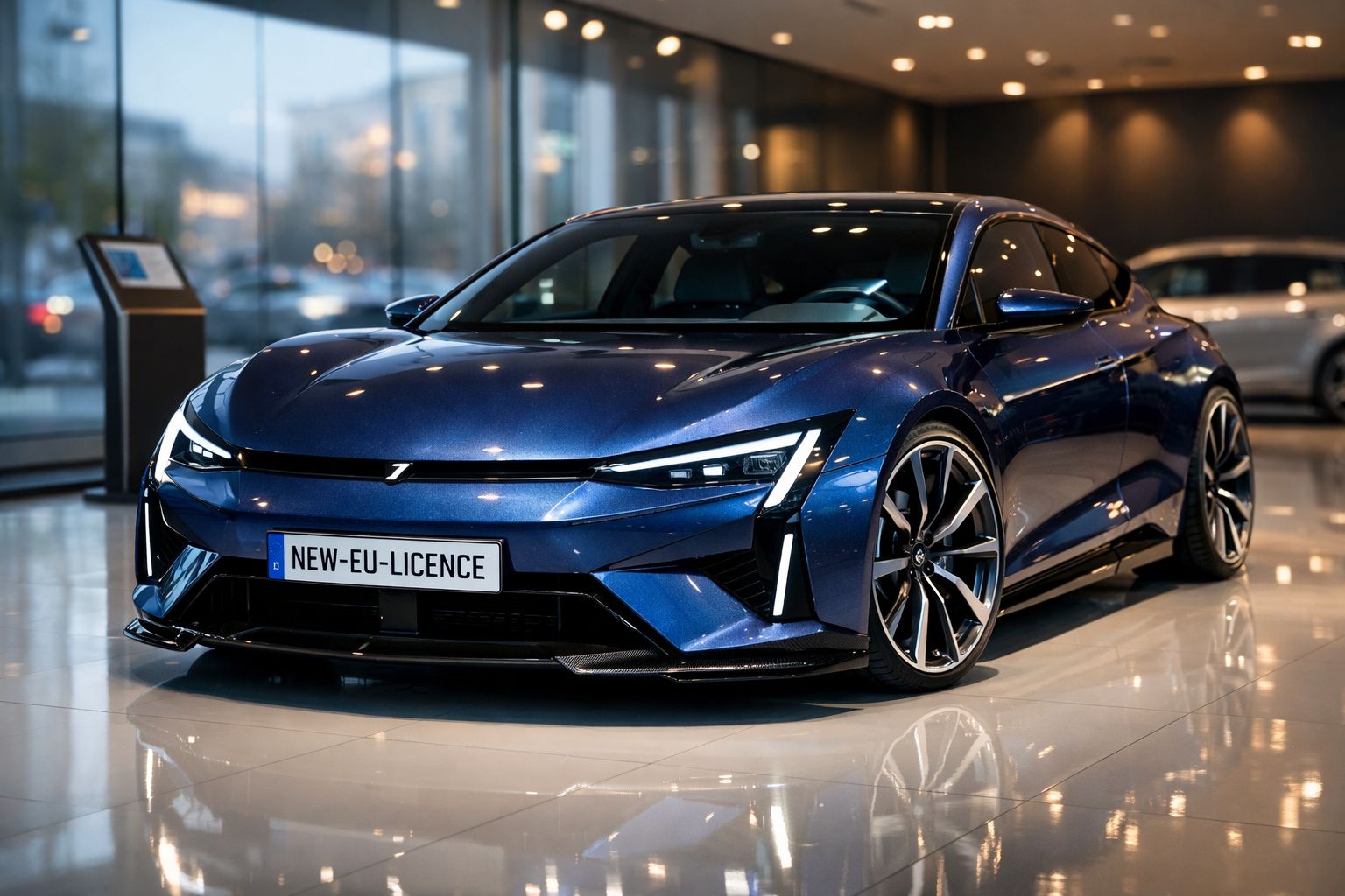 Carro desportivo azul metálico moderno com design aerodinâmico em showroom iluminado.