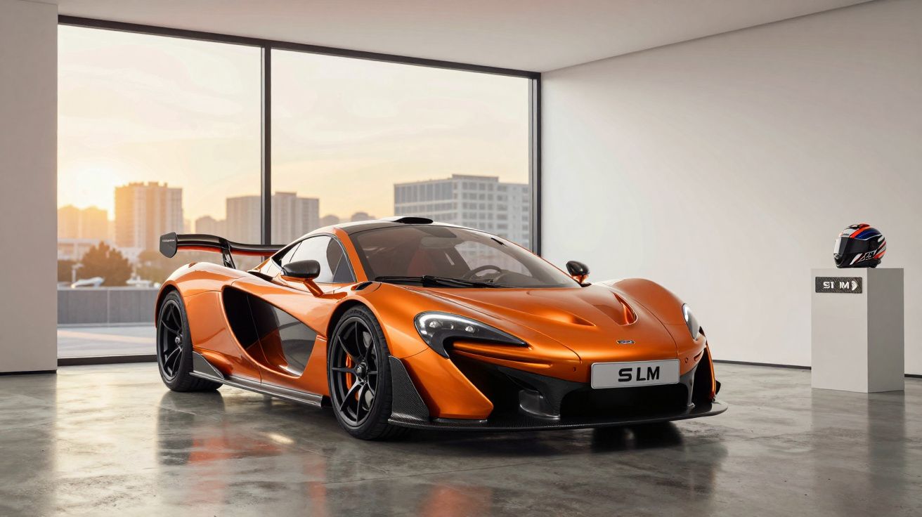 Carro desportivo laranja McLaren com spoiler traseiro num interior minimalista com grandes janelas e capacete.