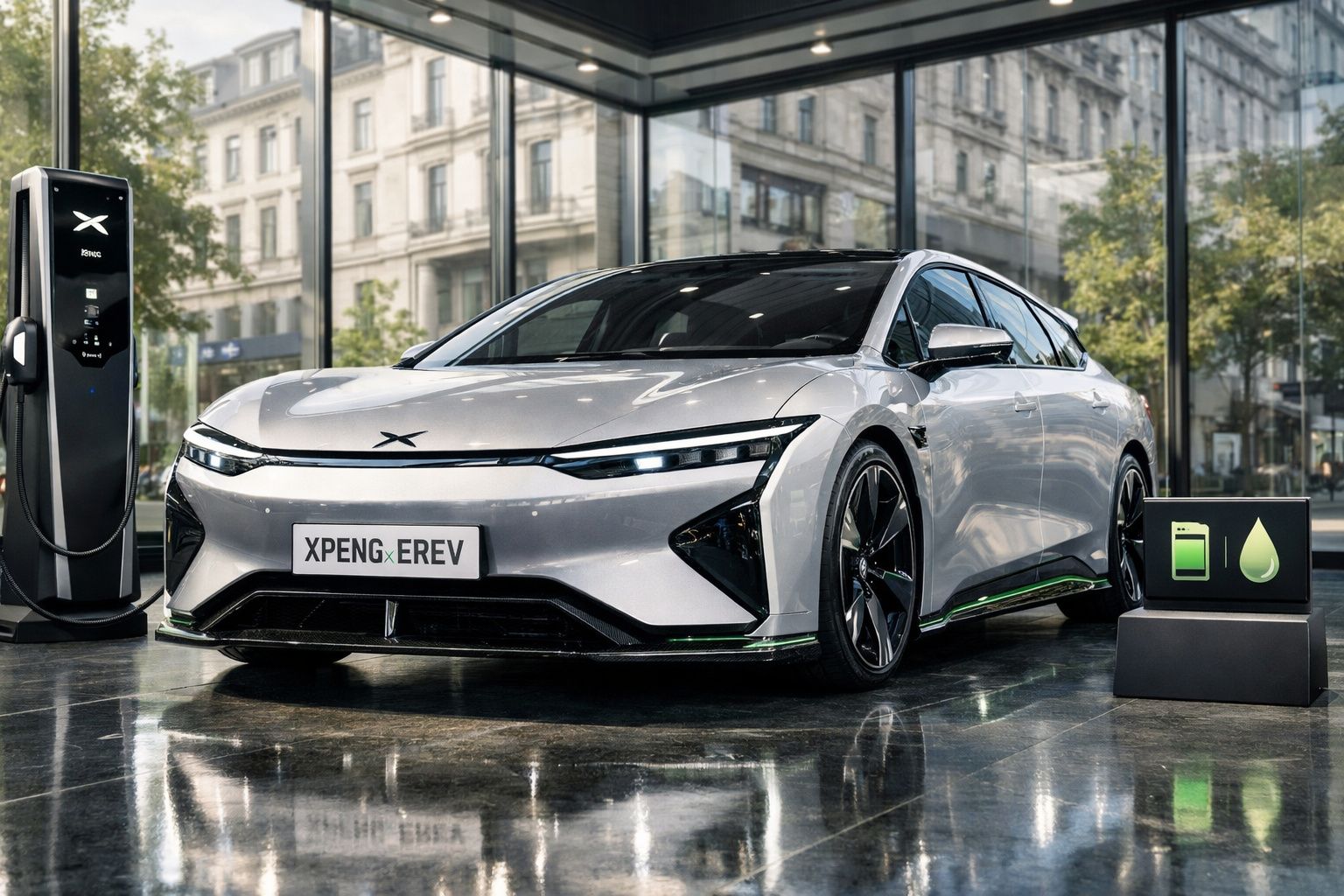 Carro elétrico prateado XPeng EREV estacionado em showroom com estação de carregamento e ícones de bateria e gota.