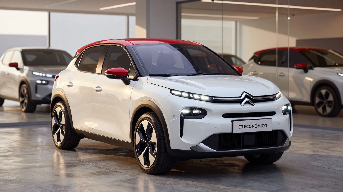 Automóvel Citroën C3 branco com tejadilho vermelho estacionado em showroom com reflexo em espelho.