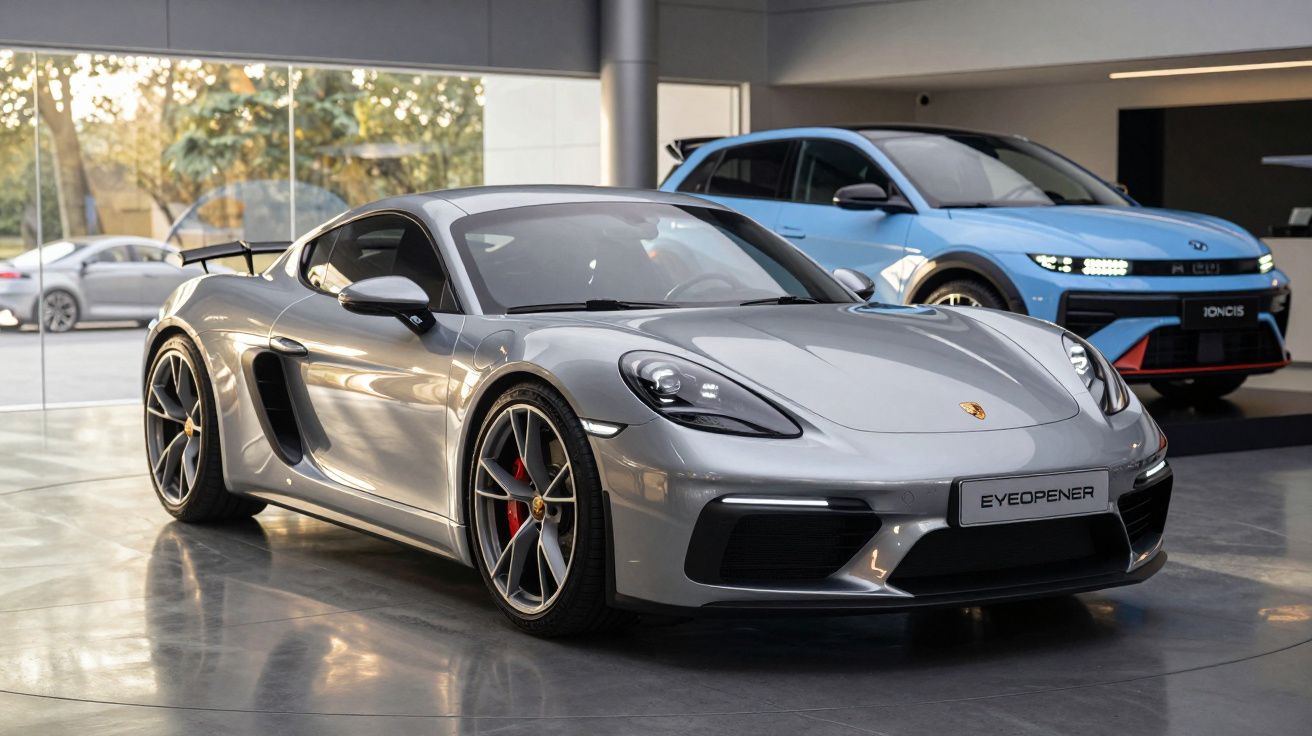 Carro desportivo cinzento estacionado em exposição interior com automóvel azul ao fundo.