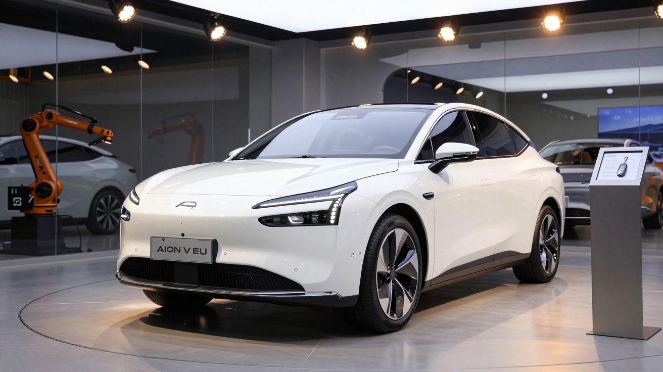 Carro elétrico branco Aion V EU exposto numa sala moderna com luzes focadas e braços robóticos ao fundo.