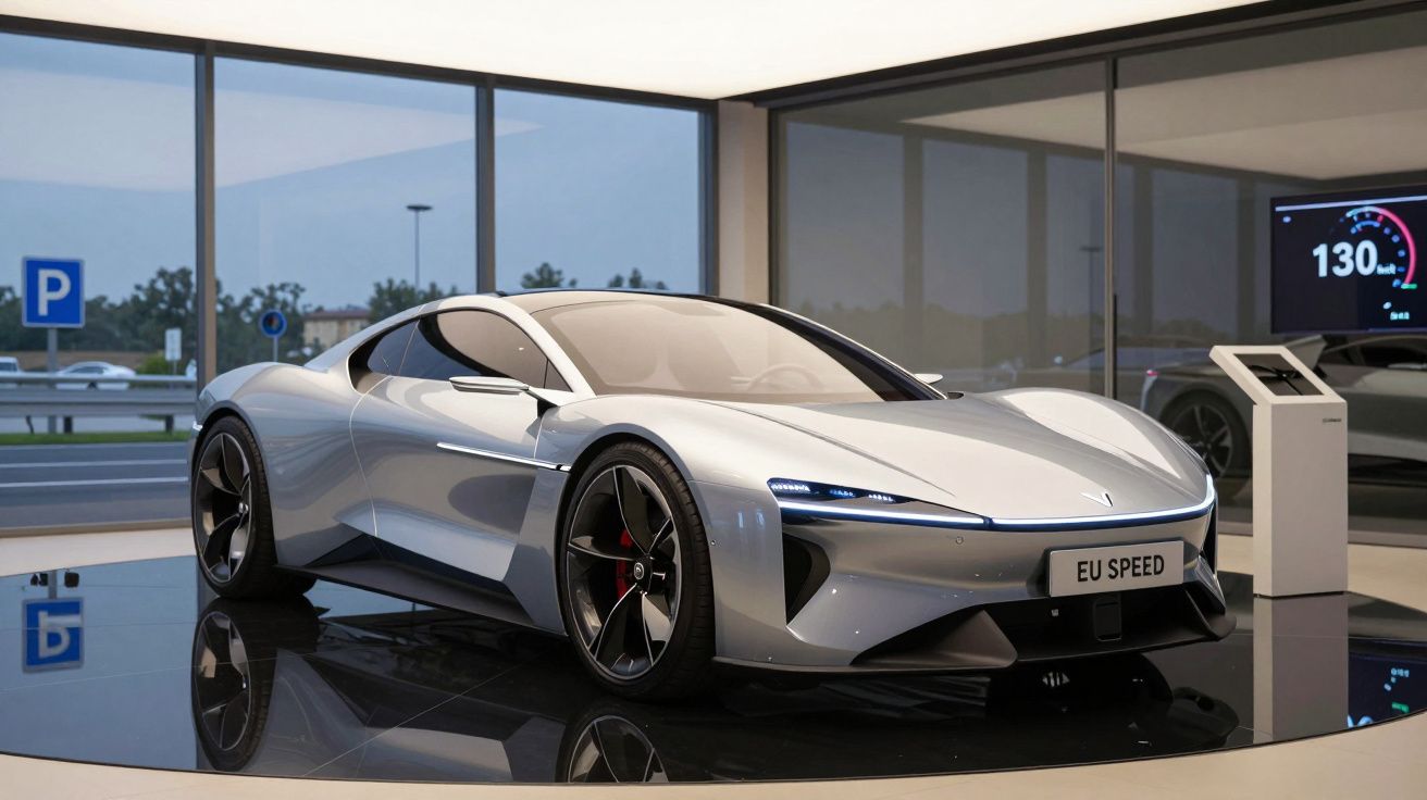 Carro desportivo elétrico prateado em exposição numa sala moderna com vidros grandes.