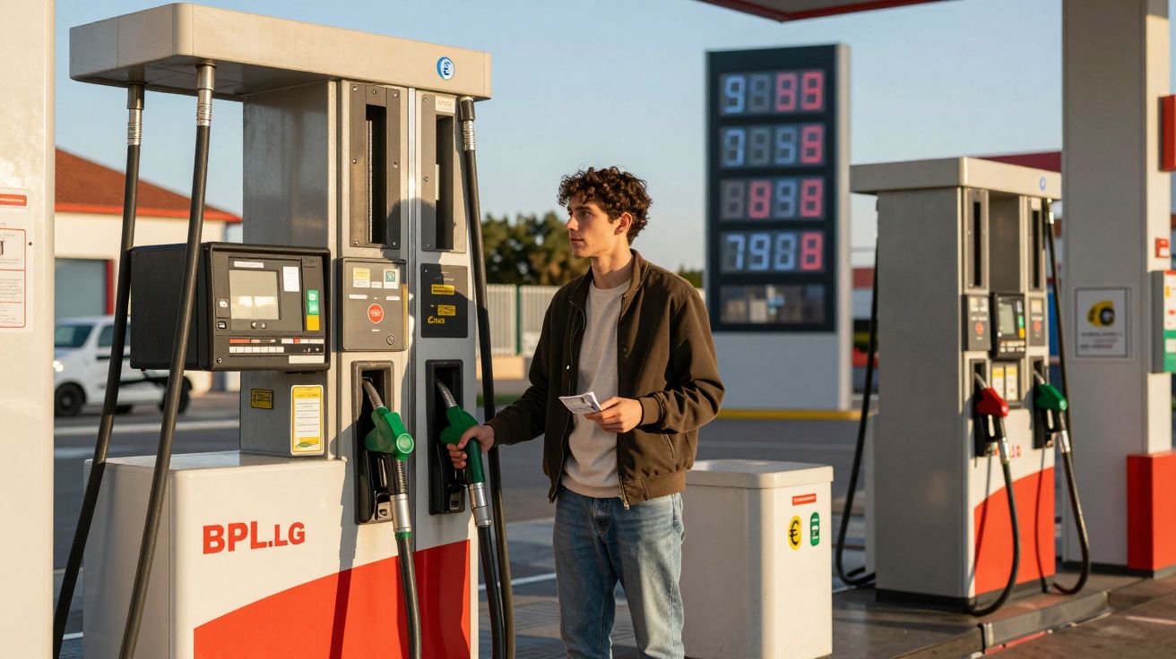 Jovem de casaco castanho a encher o carro numa bomba de combustível ao entardecer.