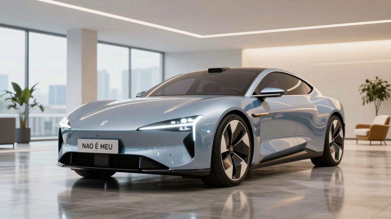 Carro elétrico moderno prateado estacionado num interior luminoso com janelas amplas e plantas decorativas.