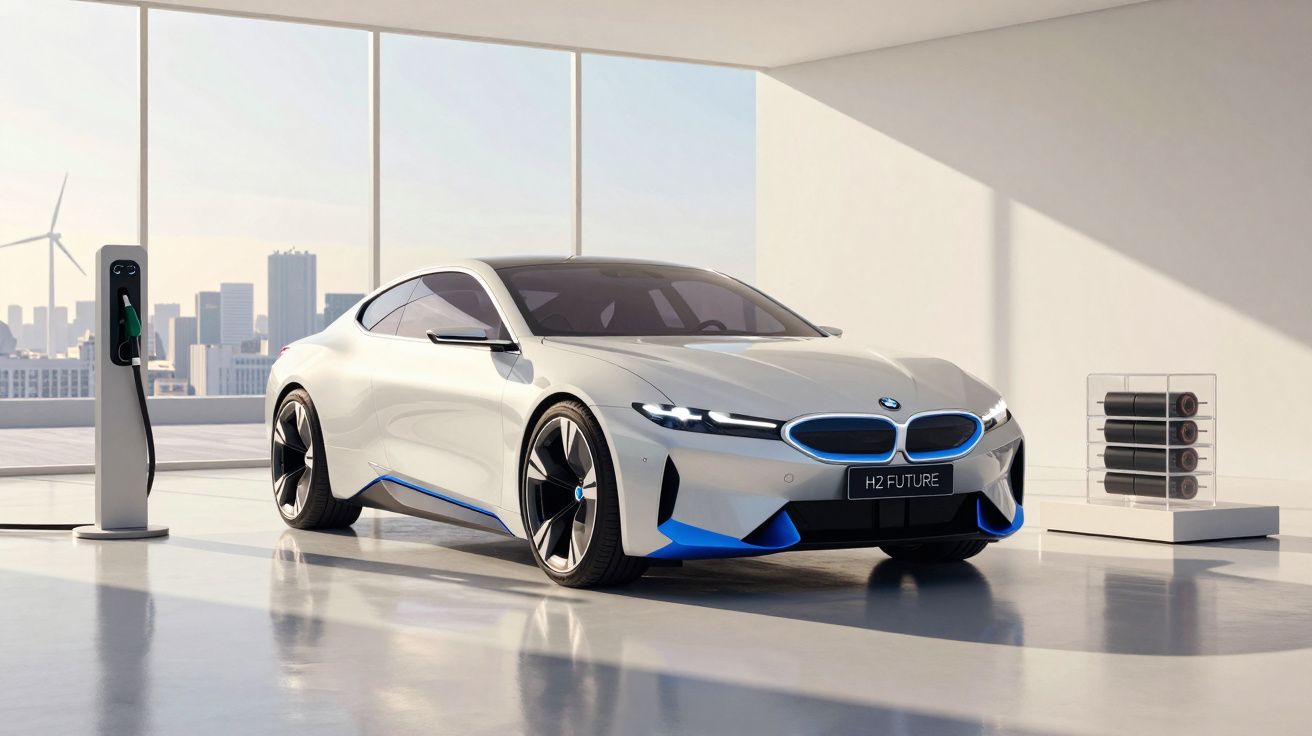Carro elétrico BMW branco num espaço moderno com carregador e turbinas eólicas ao fundo.