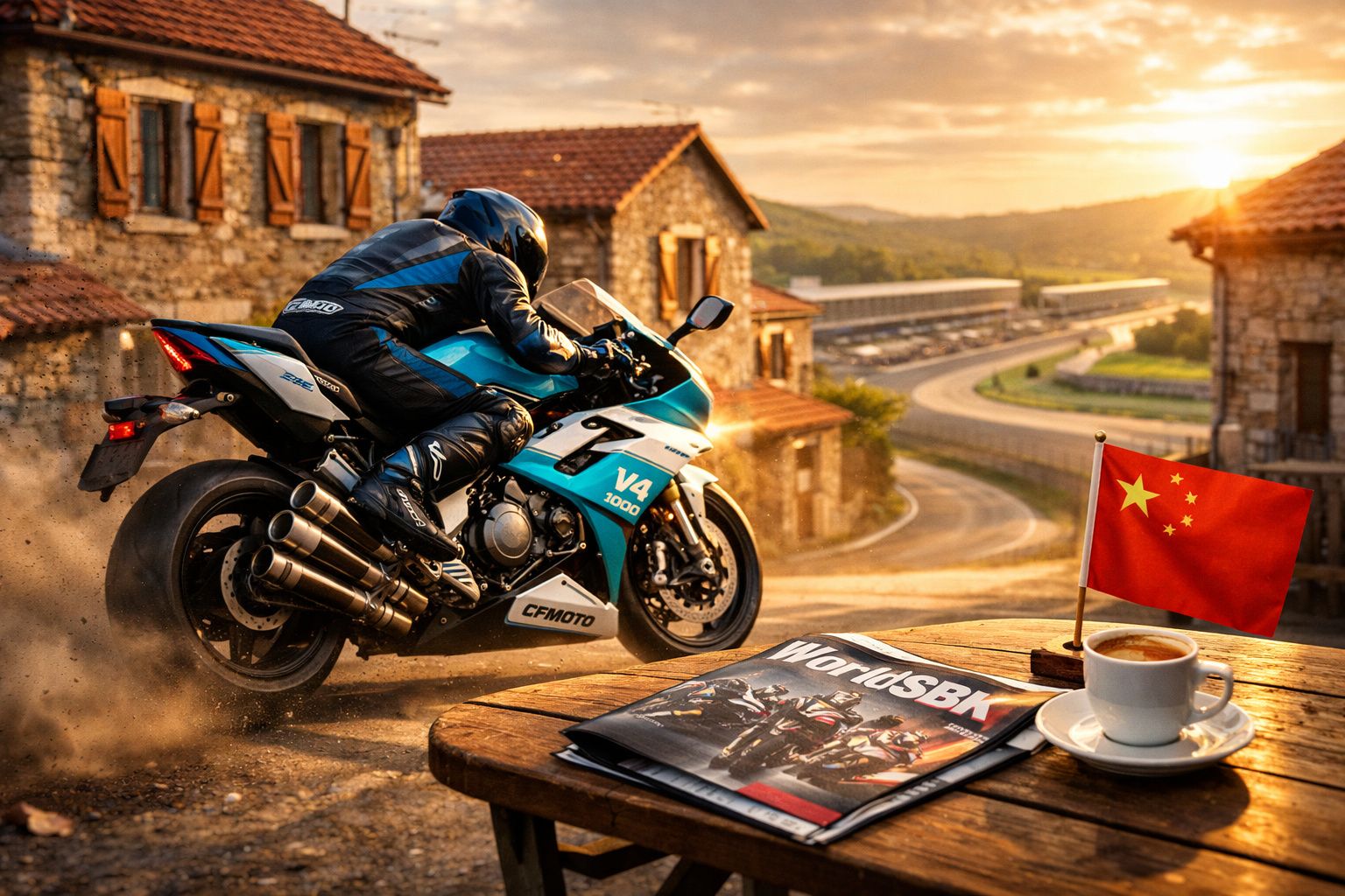 Motociclista em mota azul desportiva num vilarejo com luz do pôr do sol, mesa com café, bandeira da China e revista WorldSBK.