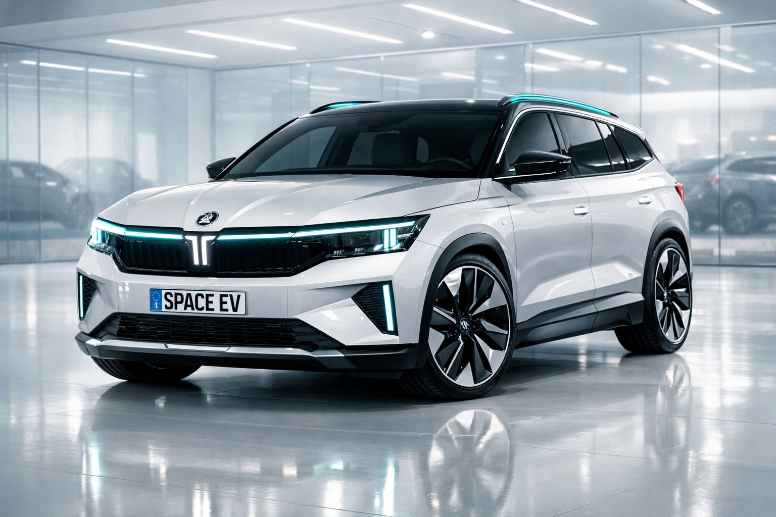 Carro elétrico Skoda Space EV branco estacionado em ambiente interior moderno e luminoso.