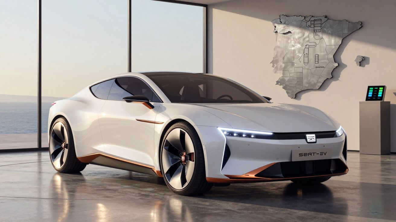Carro elétrico branco de design futurista numa sala com vista para o mar e mapa de Espanha na parede.