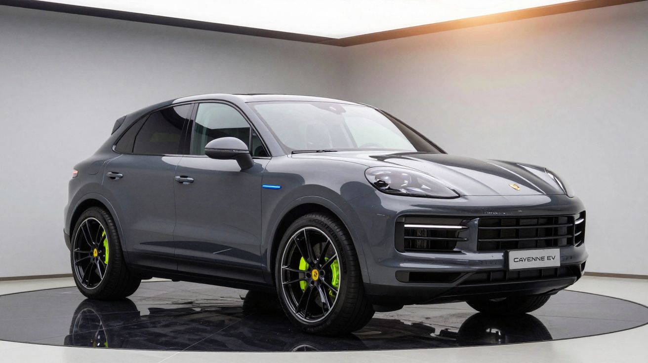 Carro SUV Porsche Cayenne EV cinza escuro em estúdio com rodas pretas e detalhes verdes.
