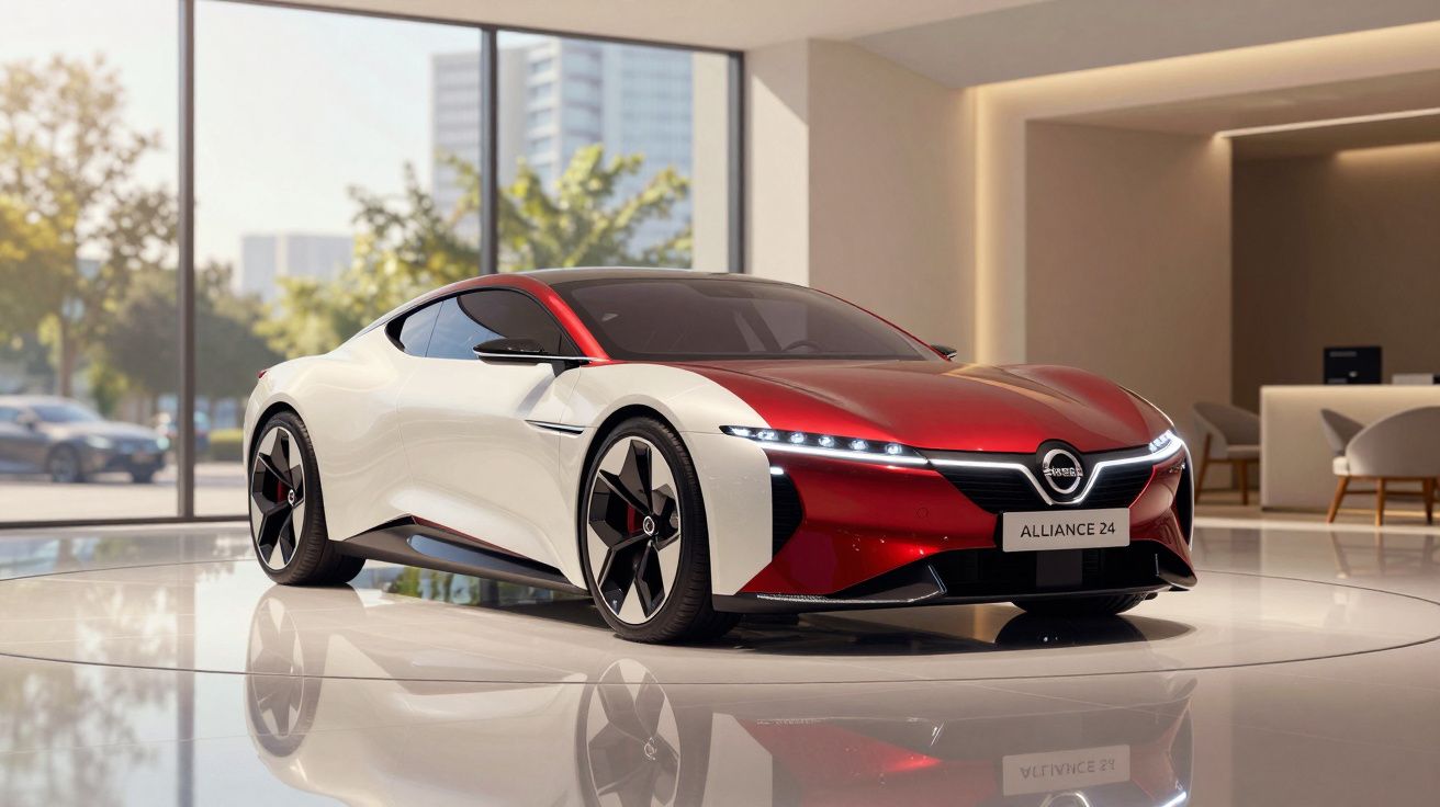 Carro desportivo elétrico Nissan Alliance 24 branco e vermelho em showroom moderno com chão espelhado.