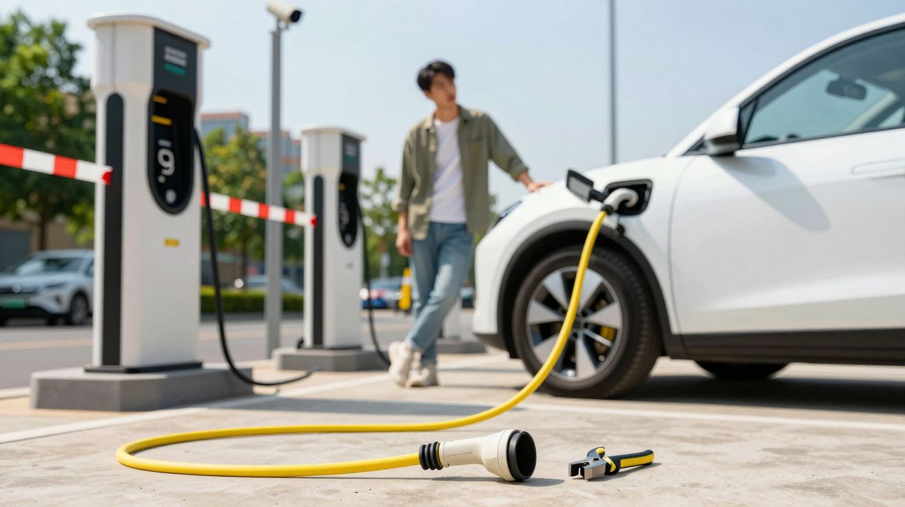 Carro elétrico branco a carregar numa estação pública com cabo amarelo e pessoa em fundo desfocado.