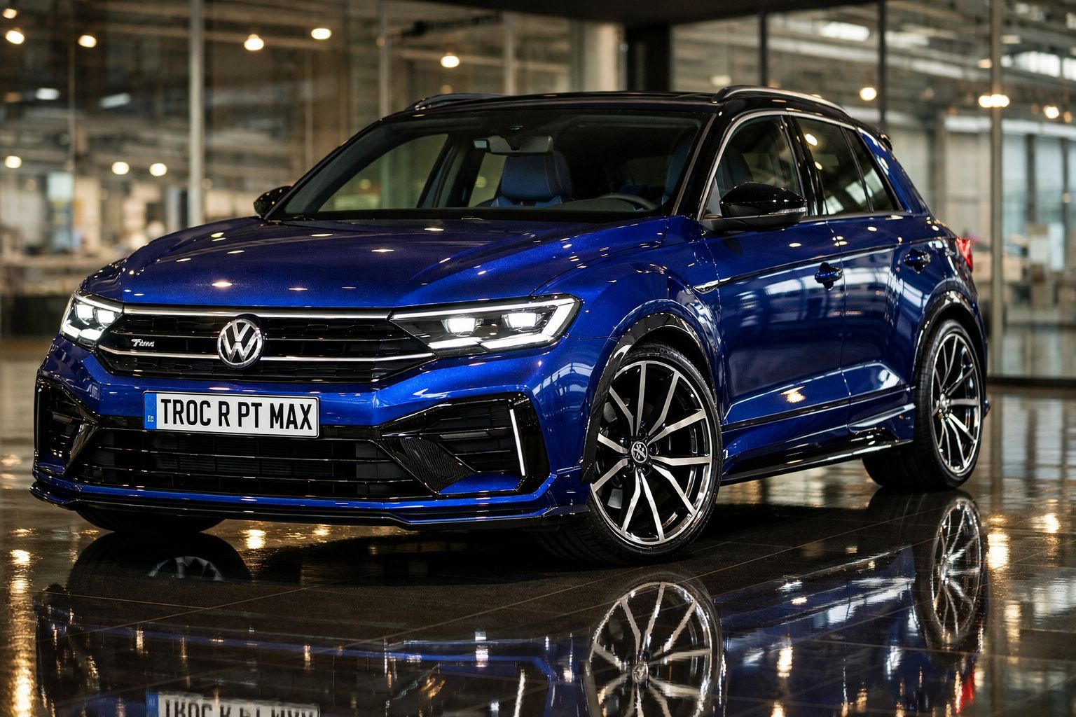 Volkswagen T-Roc R azul brilhante estacionado em piso interior refletor.