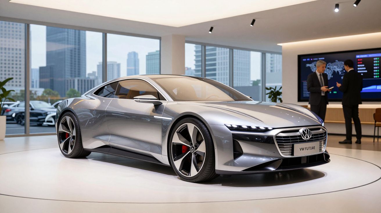 Carro desportivo elétrico prata Volkswagen expositor num salão moderno com vista para cidade.