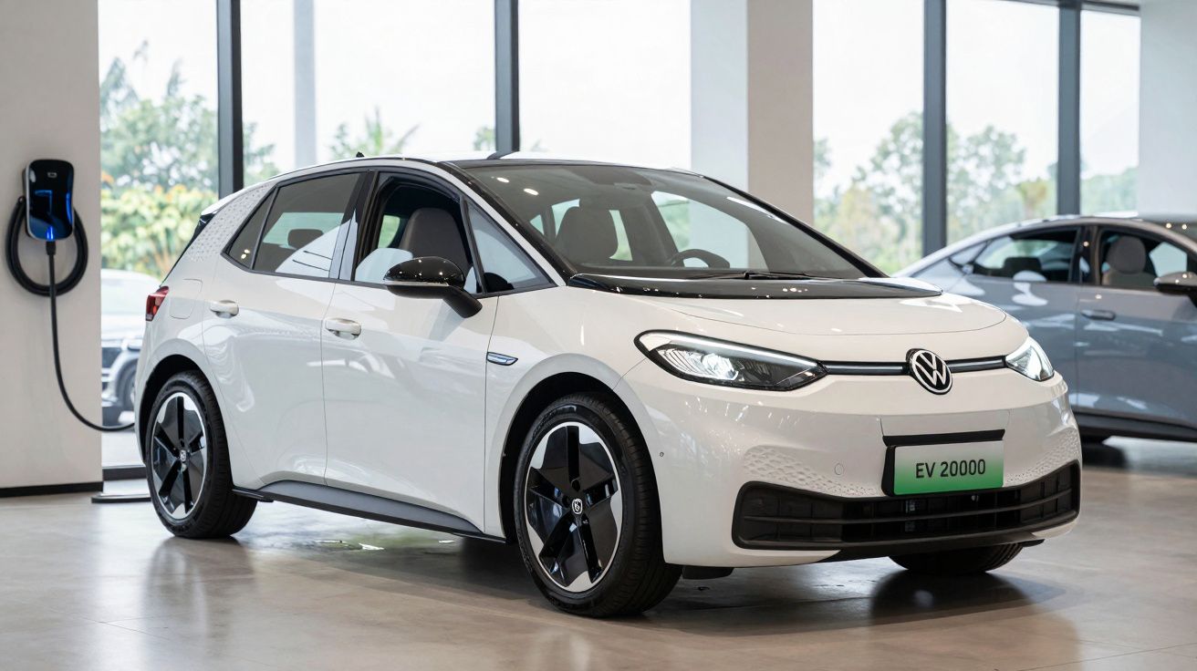 Carro elétrico branco Volkswagen estacionado numa sala com carregador na parede.