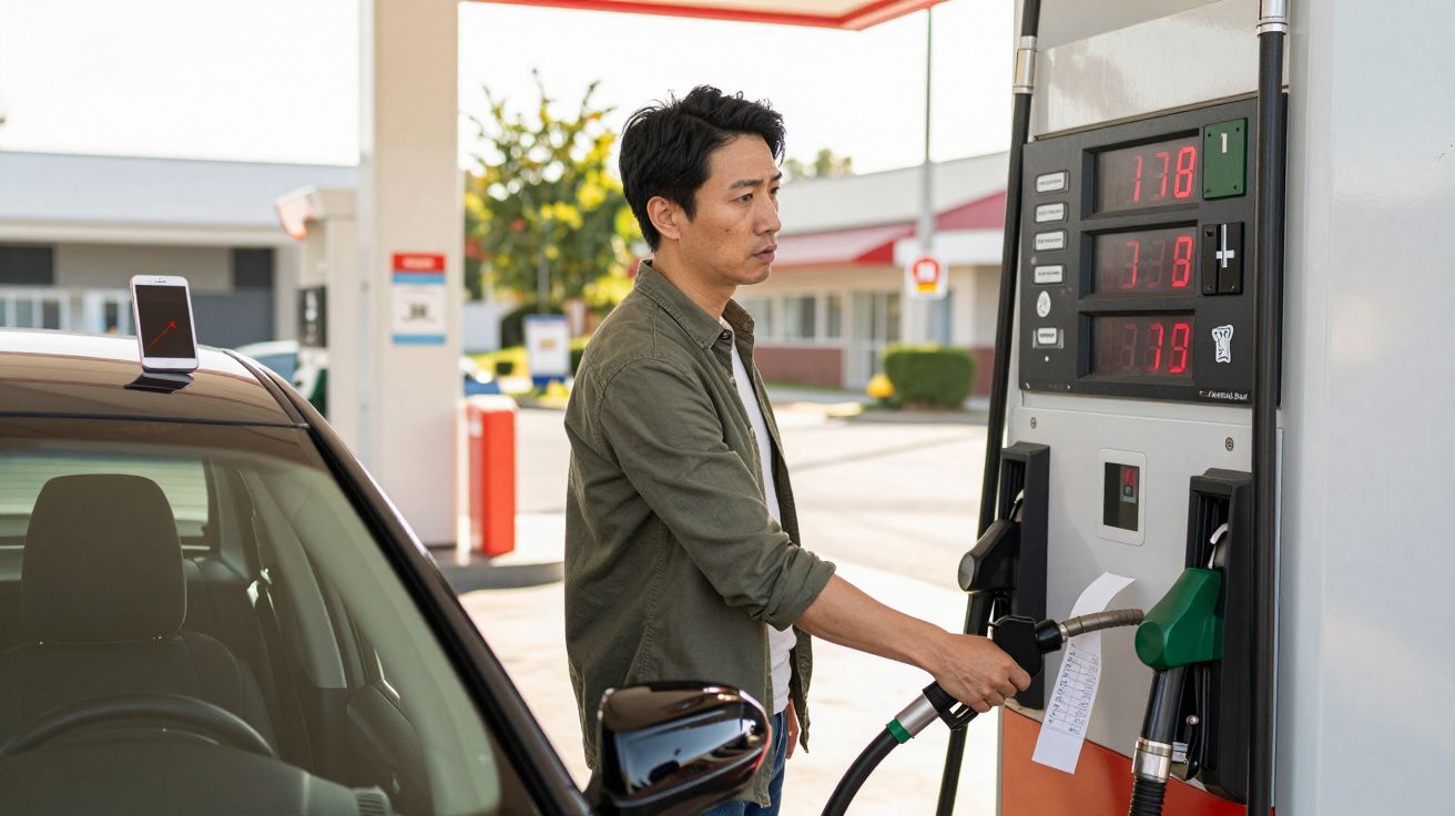Homem a abastecer carro com gasolina numa bomba de combustível numa estação de serviço.