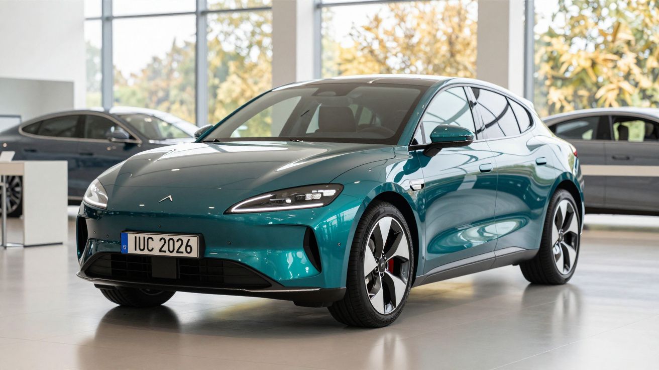 Carro elétrico moderno azul exposto num showroom com jantes desportivas e linhas aerodinâmicas.