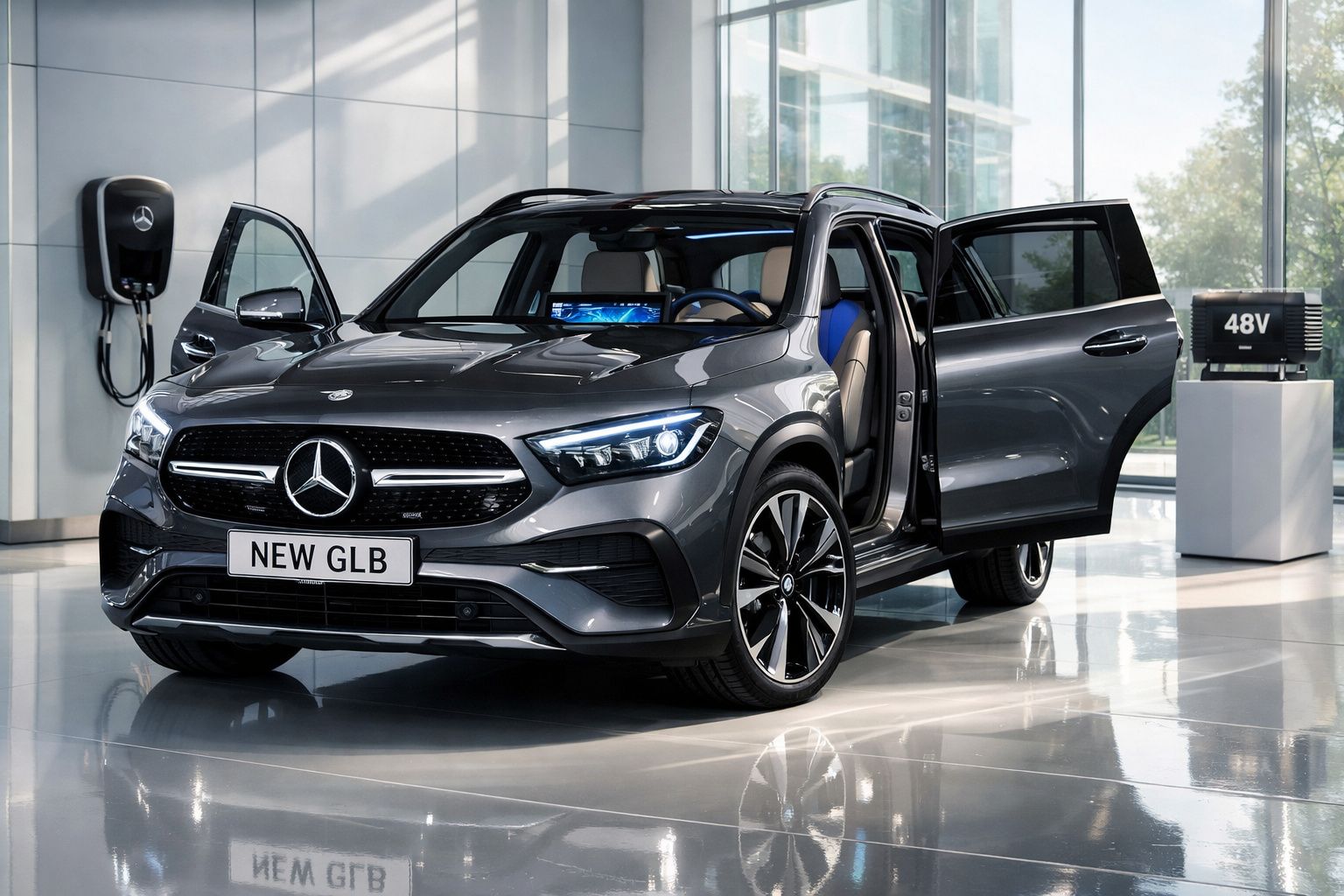 Automóvel Mercedes-Benz New GLB cinzento com portas dianteiras abertas em showroom moderno.
