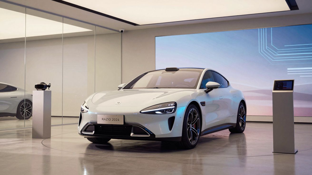 Carro elétrico branco modelo Razr 2024 exibido numa sala moderna e minimalista com chão polido.