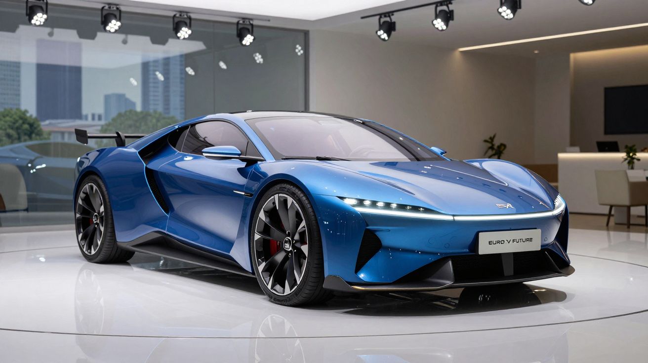 Carro desportivo elétrico azul numa exposição moderna, com design aerodinâmico e faróis finos LED.