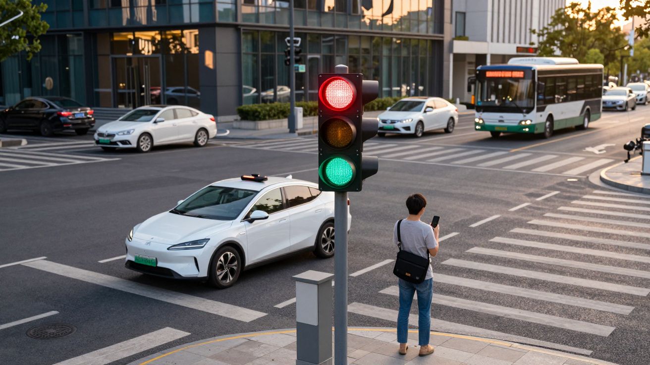 Semáforo com luz vermelha e verde numa rua movimentada, com carros, autocarro e pessoa à espera na passadeira.