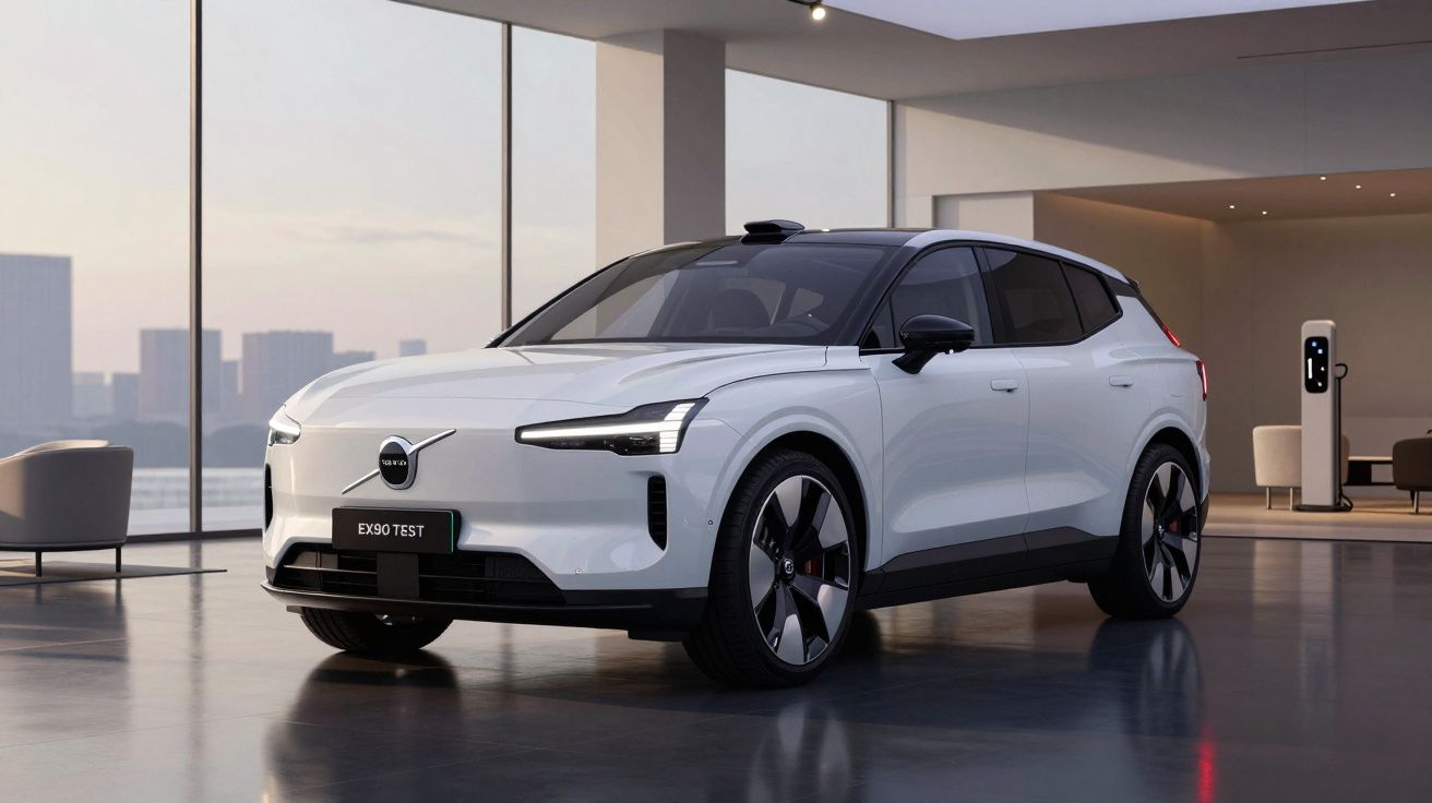 Veículo elétrico Volvo EX90 branco estacionado em sala moderna com janelas amplas e estação de carregamento.