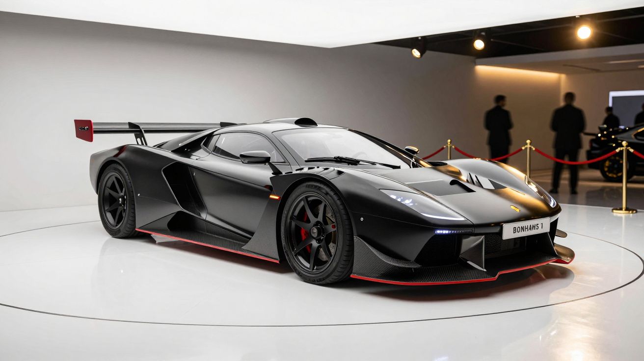 Carro desportivo preto com detalhes vermelhos exposto em espaço moderno e minimalista.