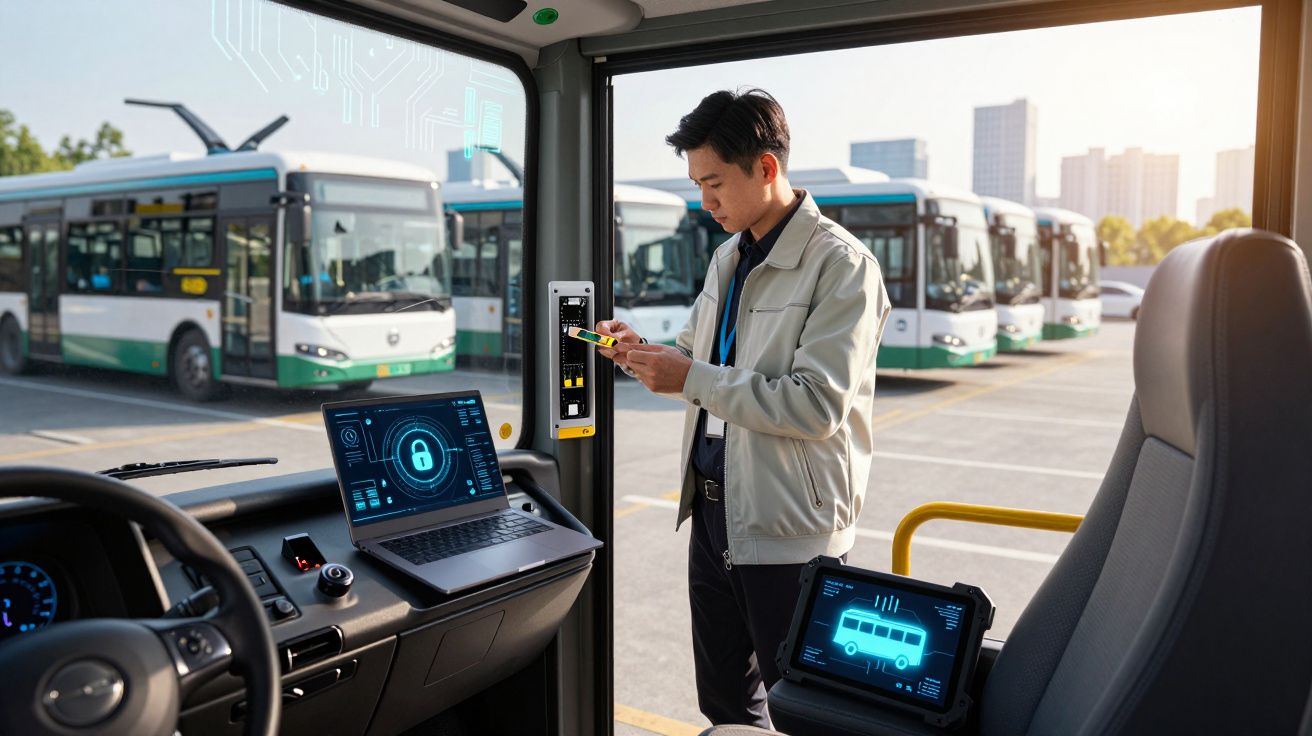 Homem verifica dados digitais num autocarro com vários autocarros estacionados em segundo plano.