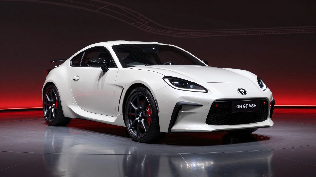 Carro desportivo branco Toyota GR GT V8H em fundo vermelho com roda preta e travões vermelhos.