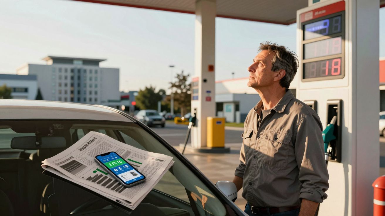 Homem numa bomba de combustível junto ao carro com telemóvel e jornal no capô ao nascer do sol.