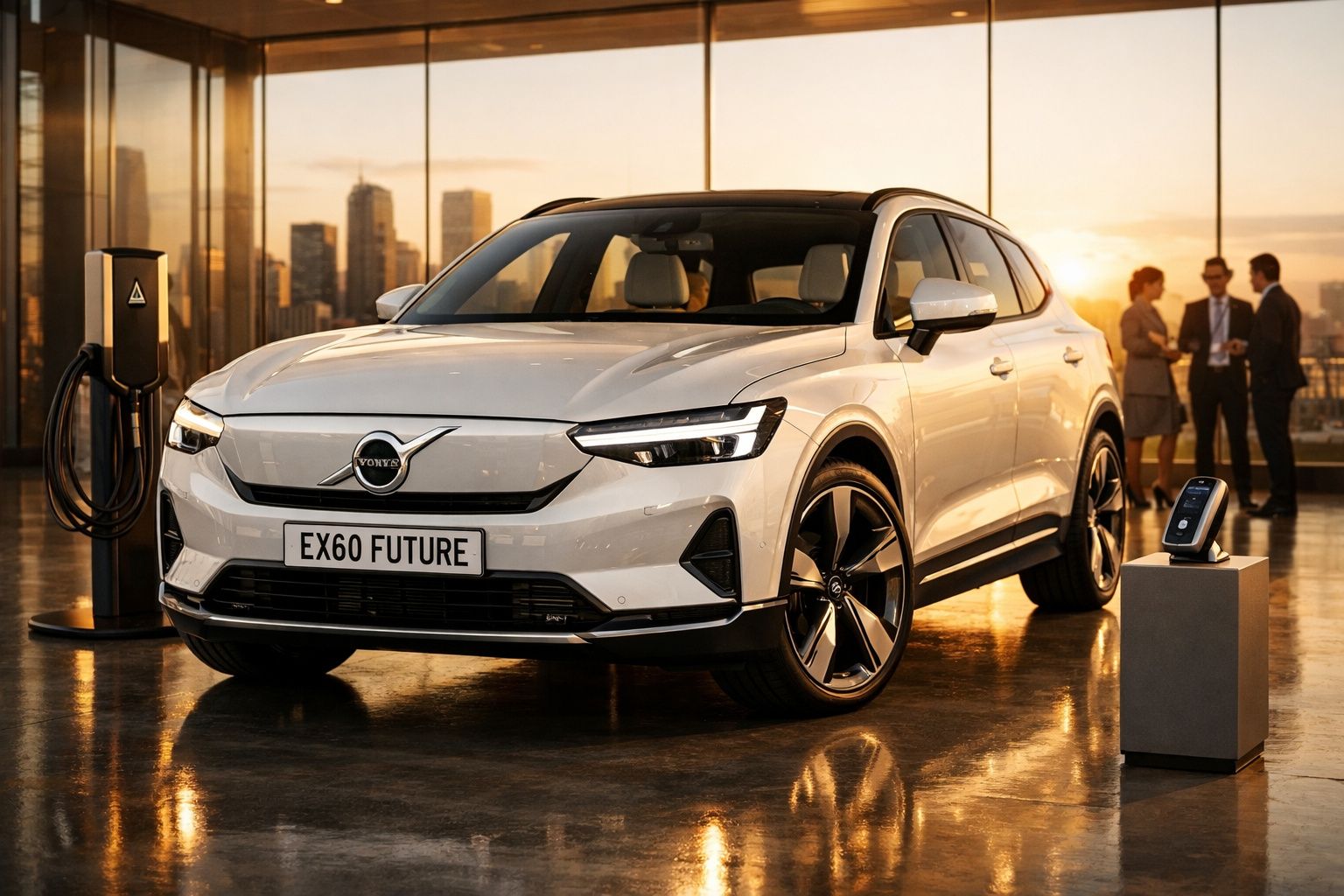 Carro elétrico Volvo EX60 branco estacionado numa sala moderna com pessoas ao fundo ao pôr do sol.
