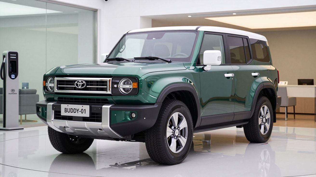 Carro SUV Toyota Buddy-01 verde com tejadilho branco em exposição numa loja moderna.