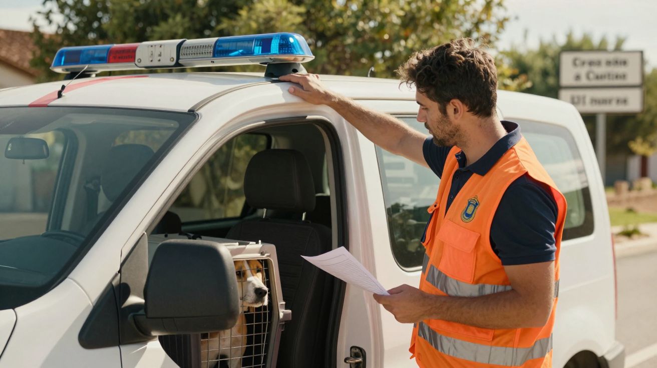 Homem com colete de alta visibilidade ao lado de carrinha da polícia com cão numa caixa no banco do passageiro.