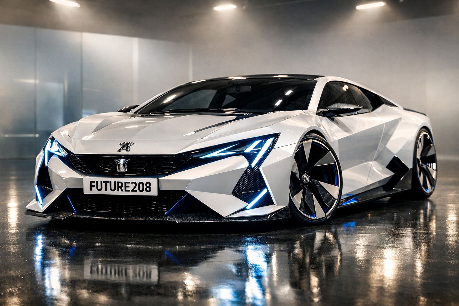 Carro desportivo futurista branco com luzes LED azuis e matrícula FUTURE208 em ambiente interior molhado.