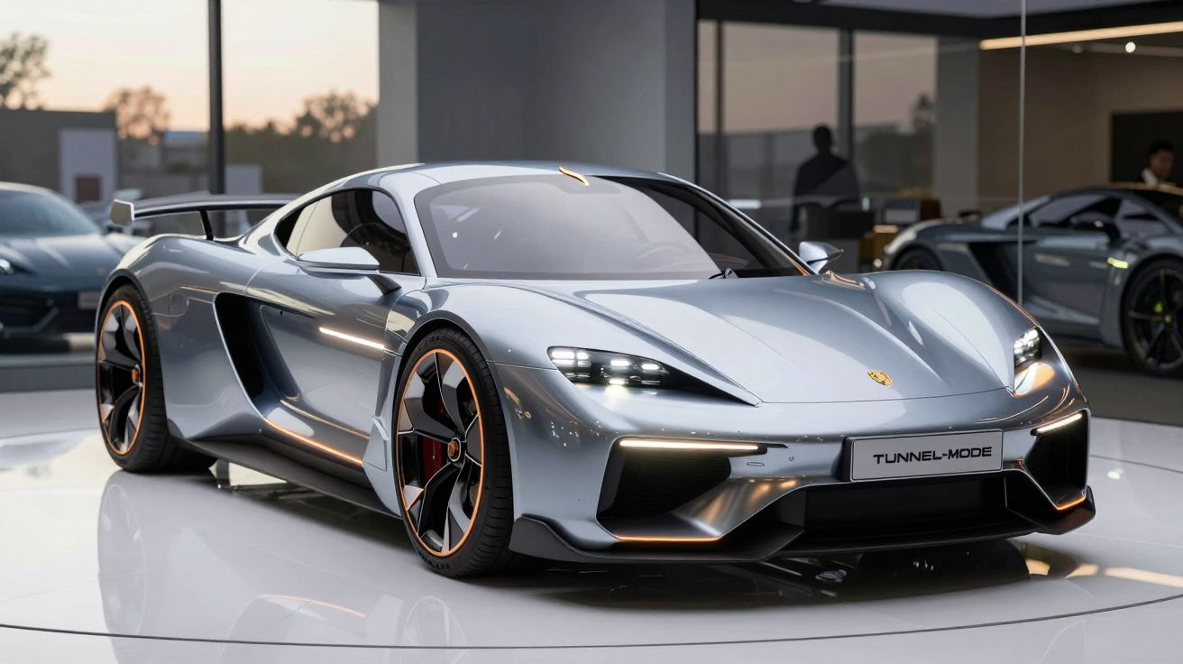 Carro desportivo prateado com design aerodinâmico exibido numa sala moderna e iluminada.