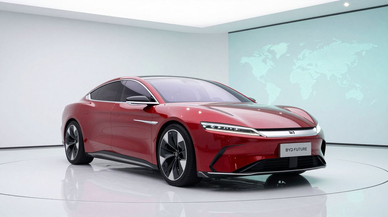 Carro elétrico elegante vermelho em exposição moderna com mapa mundi numa parede branca.