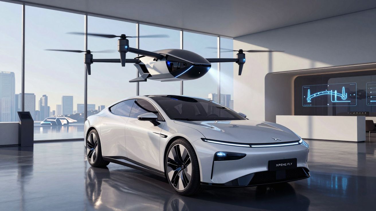Carro elétrico branco moderno com drone suspenso no teto, dentro de showroom futurista com janelas panorâmicas.