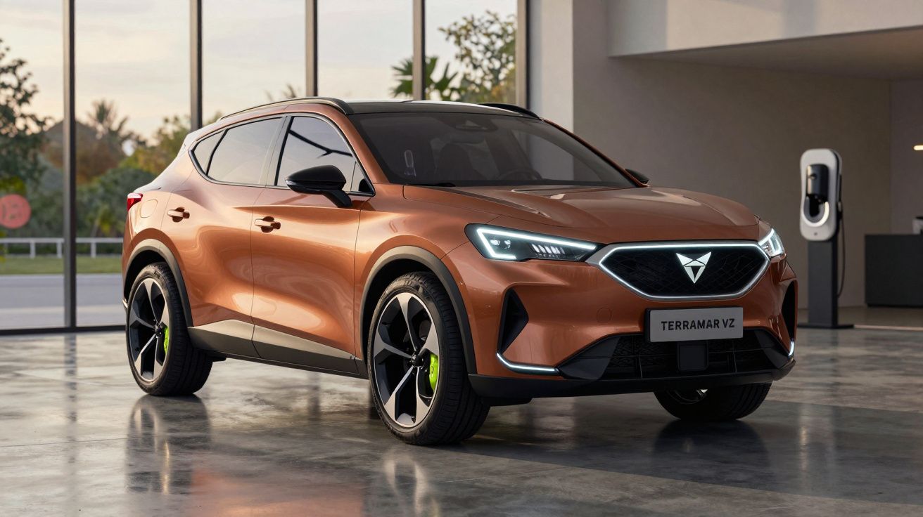 Carro elétrico SUV CUPRA TERRAMAR VZ bronze estacionado em interior moderno com carregador elétrico na parede.