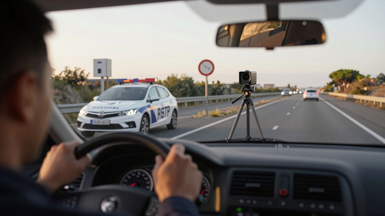 Imagem tirada do interior de um carro com polícia e radar de velocidade numa autoestrada à frente.
