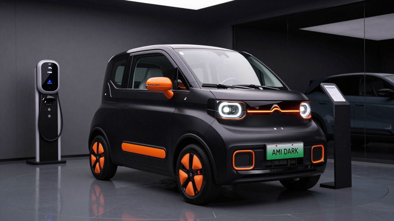 Carro elétrico Citroën AMI Dark preto com detalhes laranja a carregar numa estação de carregamento interior.