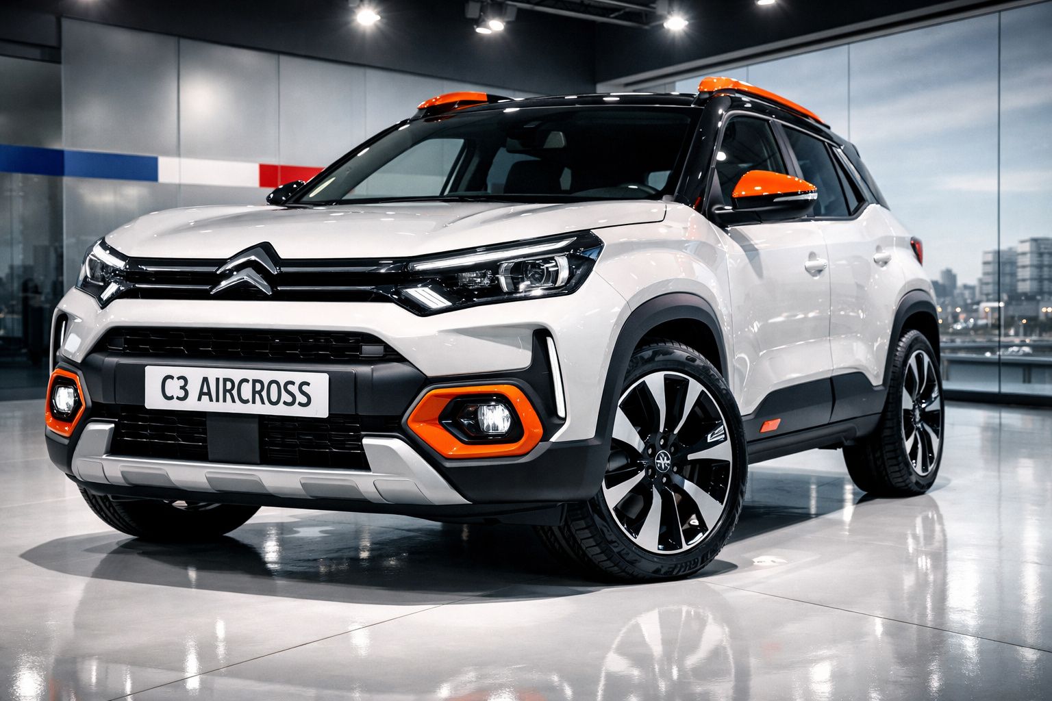 Carro Citroën C3 Aircross branco com detalhes em laranja numa sala de exposição moderna.