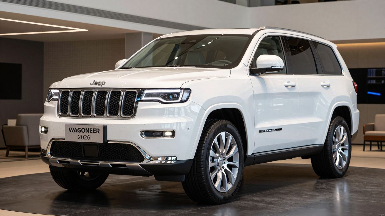 Carro SUV Jeep Wagoneer branco modelo 2026 em exposição interior moderna.