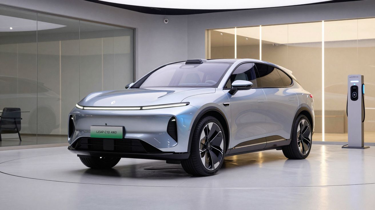 Carro elétrico moderno prata estacionado em showroom com carregador de veículo elétrico ao lado.