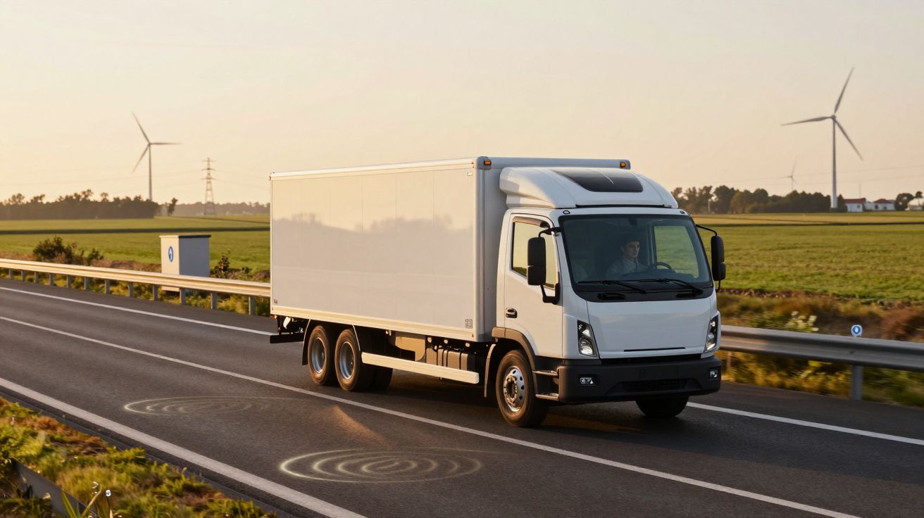 Camião branco a circular numa estrada com paisagem campestre e turbinas eólicas ao fundo ao pôr do sol.