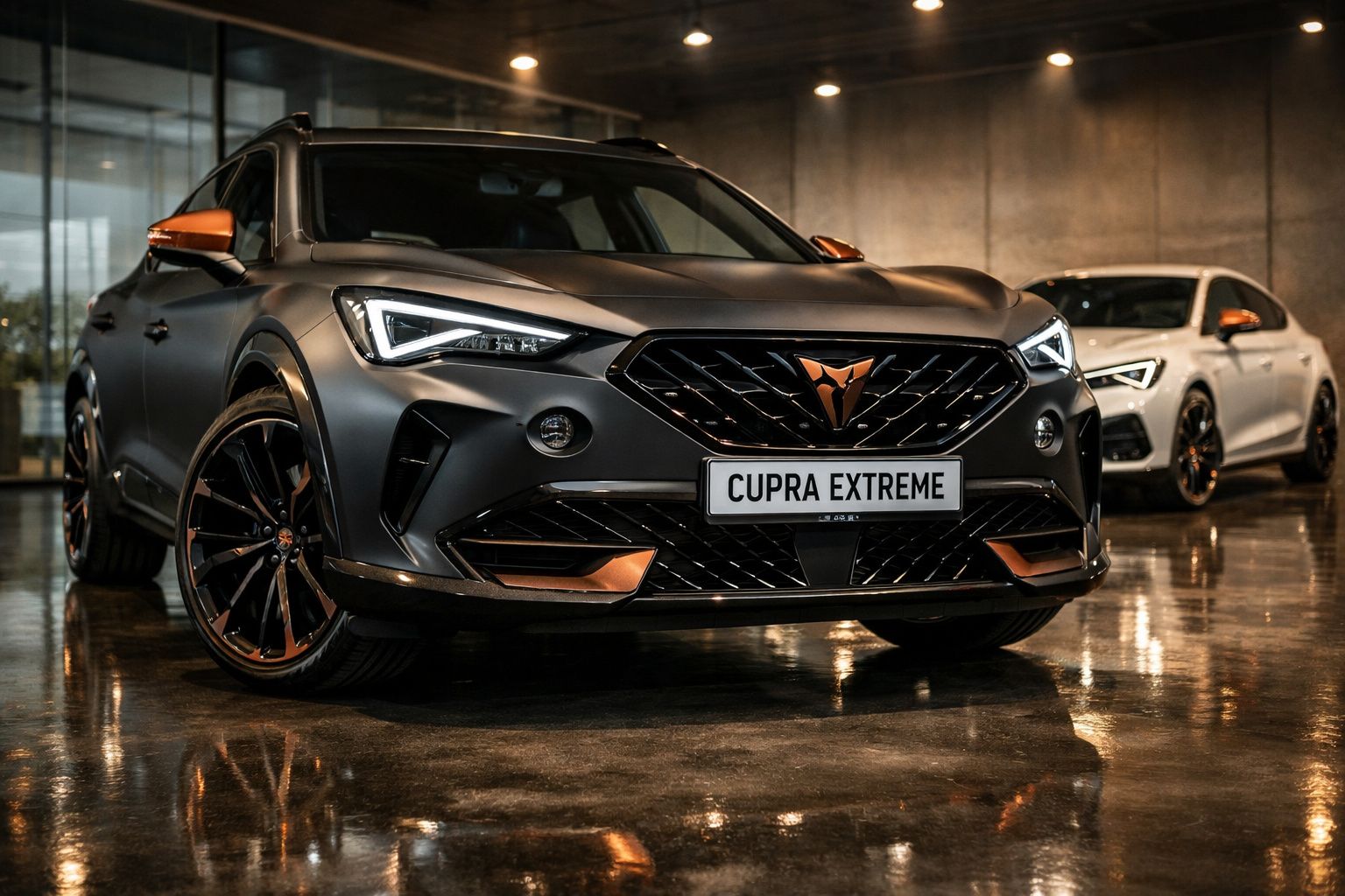 Dois carros Cupra estacionados num espaço interior com piso refletor, foco no preto com detalhes em cobre à frente.