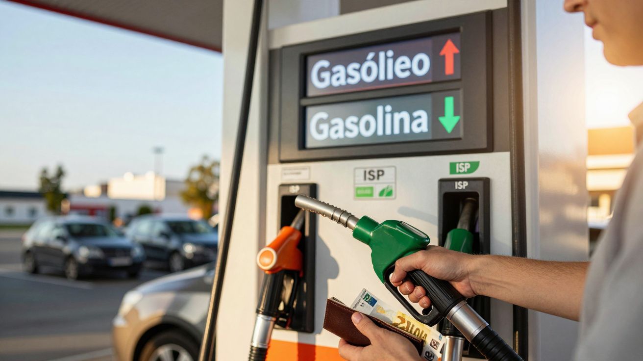 Pessoa segura pistola verde a abastecer gasolina num posto de combustível, sinais mostram preços do gasóleo e gasolina.